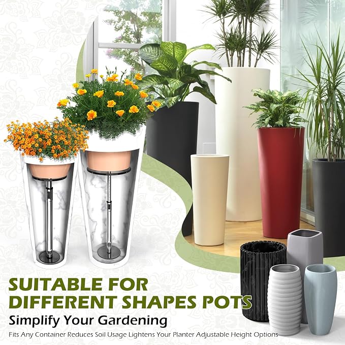 Elevadores ajustables para macetas interiores, inserto de maceta para contenedor grande, elevador de 19.5-32 pulgadas de altura de cama de flores alta, inserto de elevación de metal para cono