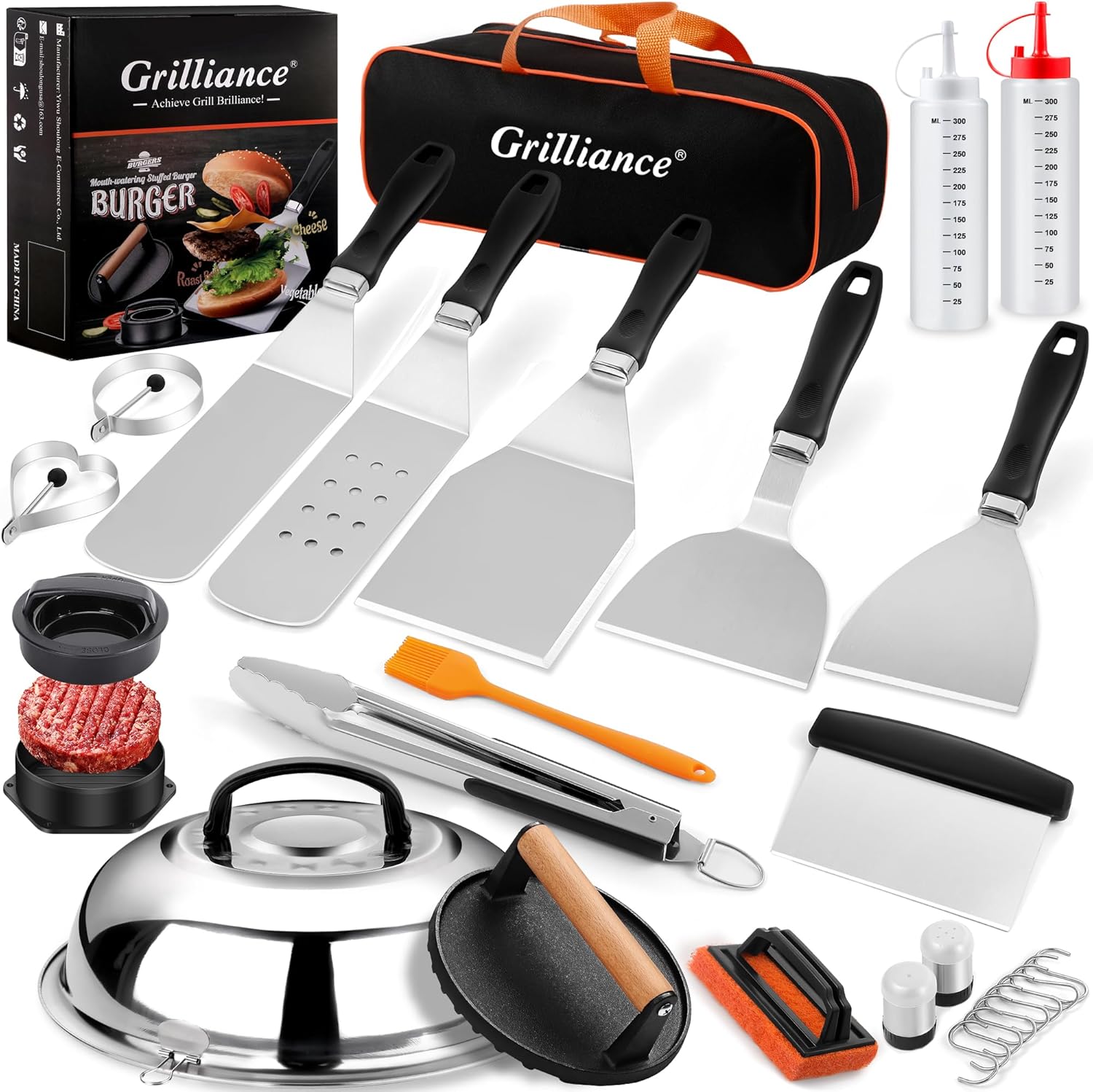 Kit de 27 accesorios para plancha Blackstone, herramientas profesionales para parrilla plana Hibachi, espátula ampliada con tapa para untar, prensa para hamburguesas, máquina para hacer hamburguesas para barbacoa al aire libre Teppanyaki 