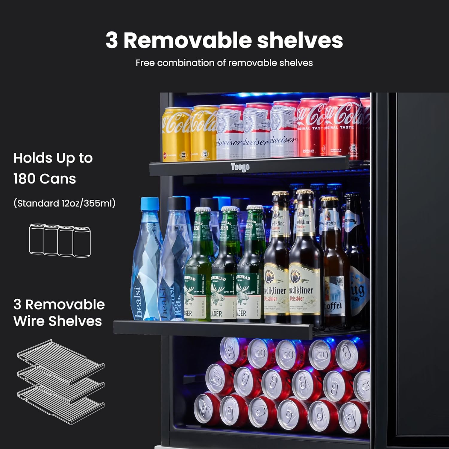Refrigerador de bebidas Yeego - Mini refrigerador de 24 pulgadas con capacidad para 180 latas y puerta de cristal