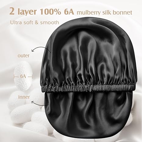 YFONG Gorro de doble capa 100% seda para mujer, 22 Momme pura seda de morera con banda elástica ajustable que se mantiene en la cabeza, reduce el encrespamiento, mantiene el peinado, suave y transpirable, negro.