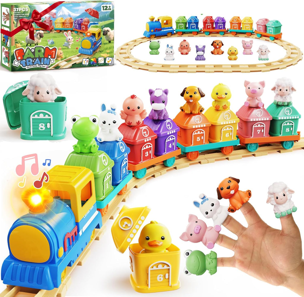 Train Set for Toddlers 2-4, Toddler Toys for 1 2 3 Year Old Boy Girl, Electric Train Set with Music, Light, Tracks, 8 Animals & 8 Barns, Learning Toy for 1 2 3 Year Old, Birthday Gift for Boy Girl