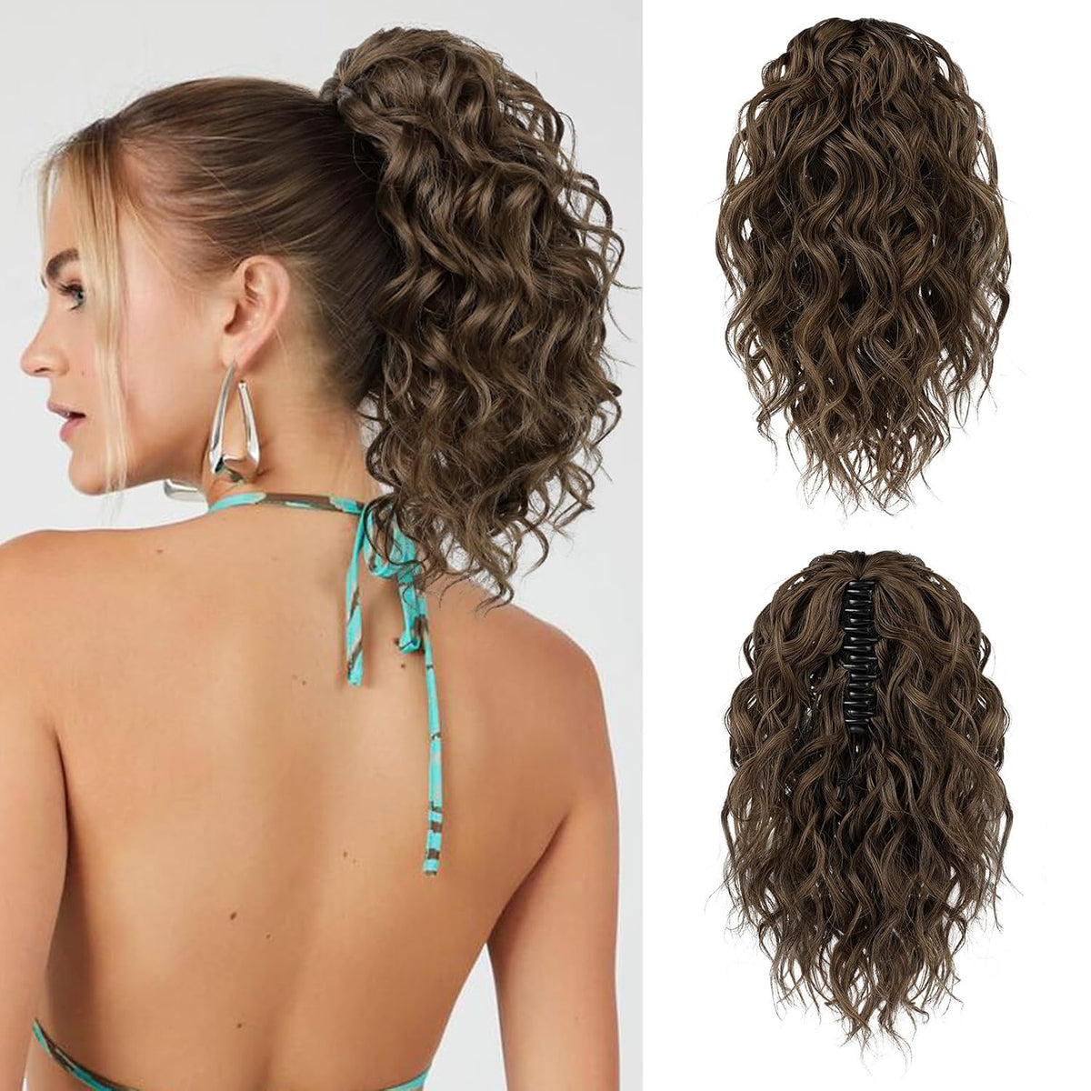 Extensión de coleta FLUFYMOOZ, extensión de coleta corta de 12" con pinza, ondulada, rizada, con clip, de cabello sintético natural para mujer (marrón rojizo medio).