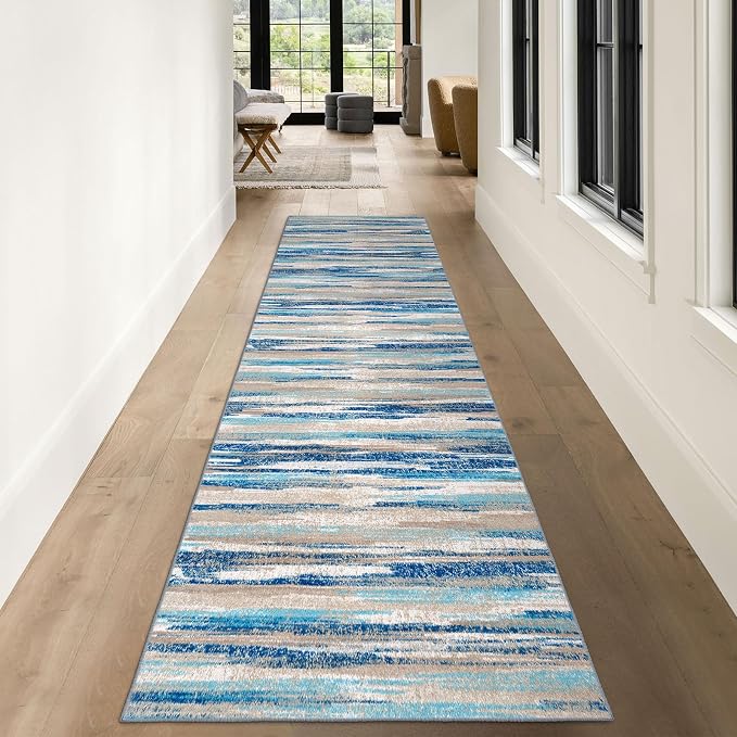 Lansny Alfombra moderna abstracta de 3 x 10 pies, alfombra de pasillo lavable azul para cocina, antideslizante, suave, alfombra delgada de impresión falsa de lana para entrada, dormitorio