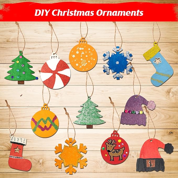 Kit de manualidades navideñas de madera Collabell para pintar adornos navideños, rodajas de madera sin terminar, manualidades navideñas para niños y adultos, materiales de arte y manualidades para decorar el árbol de Navidad.