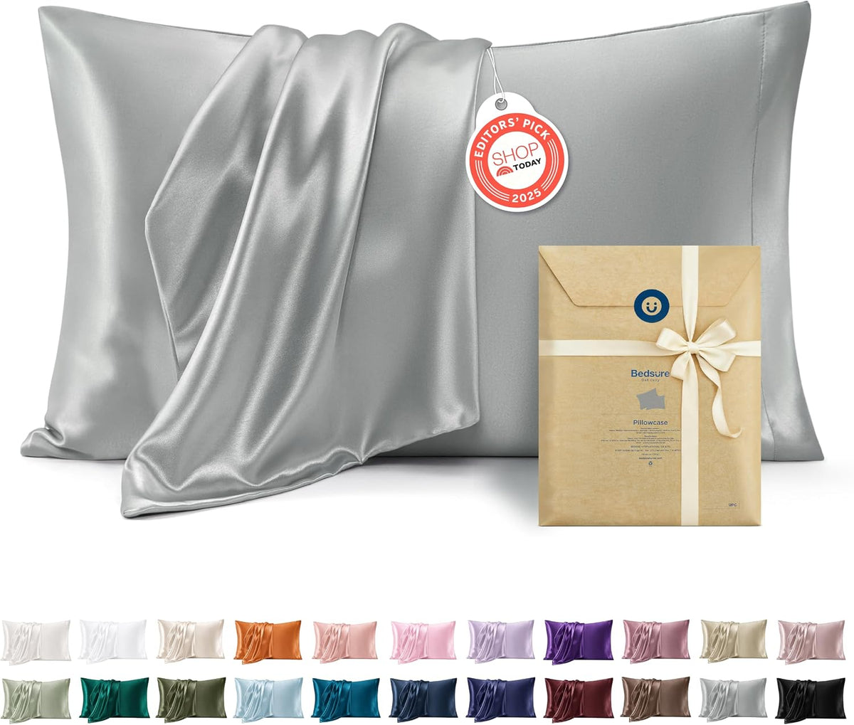 Juego de 2 fundas de almohada Bedsure King Size de satén - Fundas de almohada gris plateado para cabello y piel con cierre tipo sobre, similares a las fundas de almohada de seda, regalos para hombres y mujeres, 20 x 36 pulgadas, 2 unidades