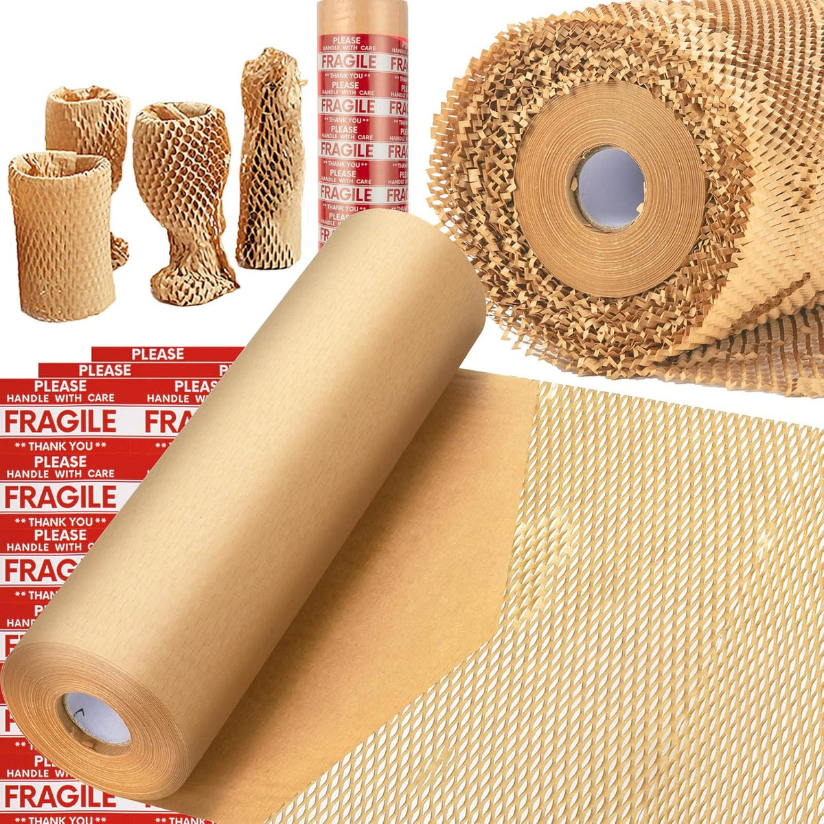 Papel de embalaje tipo panal, MINHAO 15"x230' Papel de embalaje ecológico para mudanzas Papel de nido de abeja reciclable Suministros para mudanzas Rollo de papel de burbujas protector, con 36 etiquetas adhesivas de Frágil