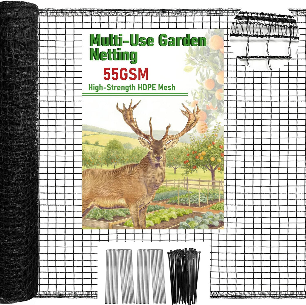 Malla para cercas de ciervos, malla de plástico resistente de 4 x 75 pies, malla para cercas de ciervos de 55 g/m² para jardín, bordes reforzados, malla antipájaros para árboles y huertos elevados (55 g/m², 4 x 75 pies).