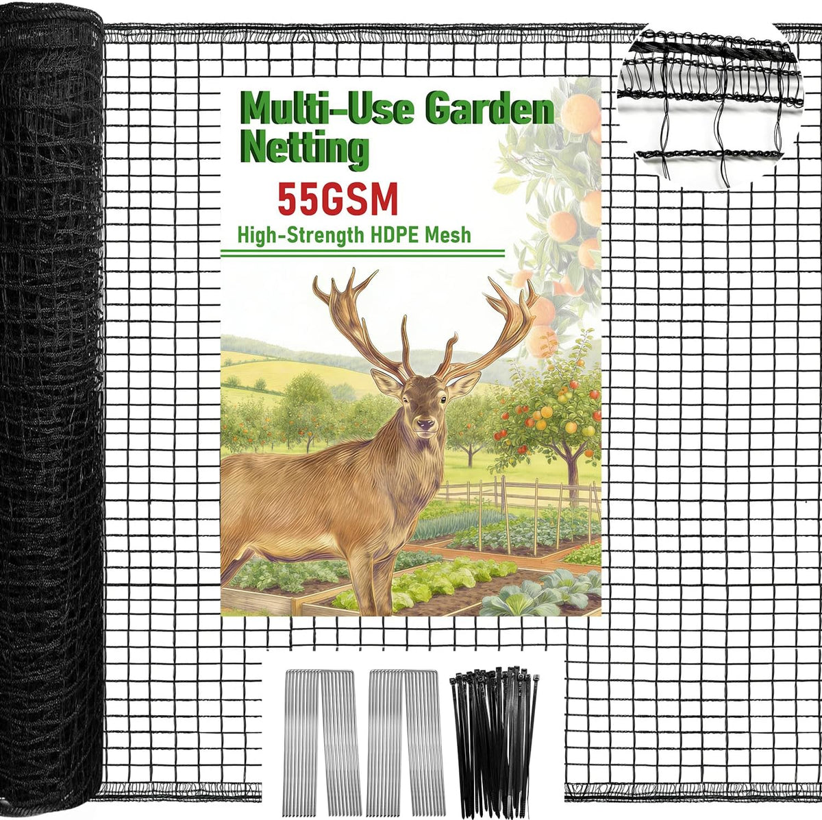 Malla para cercas de ciervos, malla de plástico resistente de 4 x 75 pies, malla para cercas de ciervos de 55 g/m² para jardín, bordes reforzados, malla antipájaros para árboles y huertos elevados (55 g/m², 4 x 75 pies).