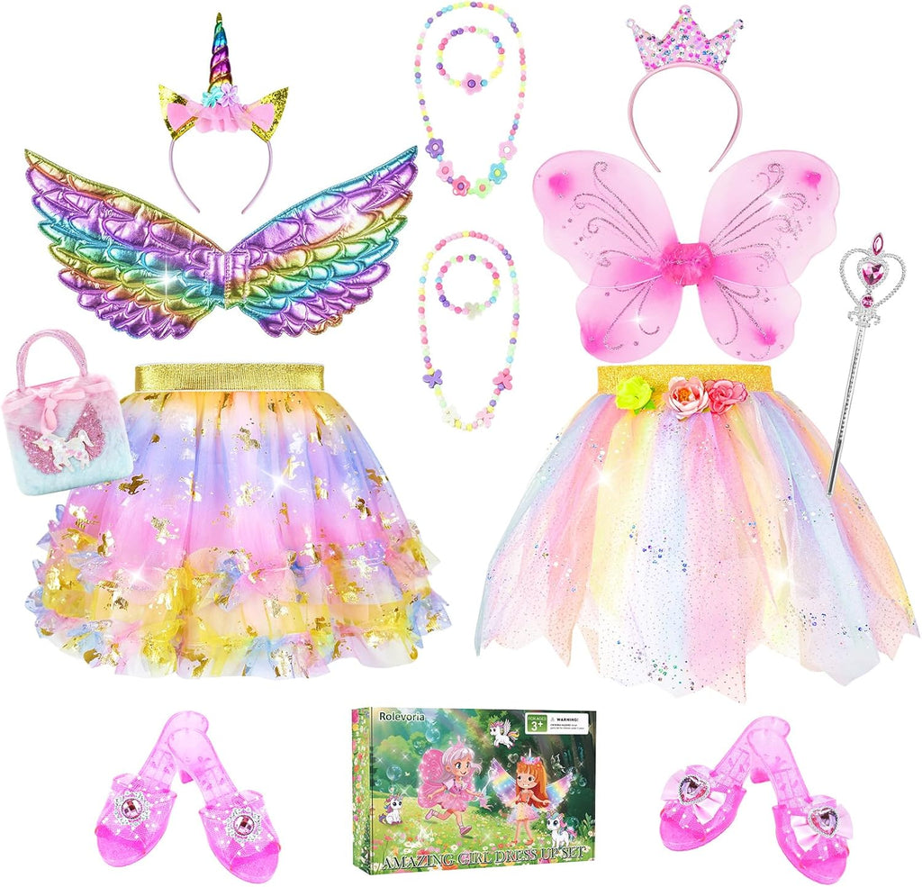 Disfraz de princesa de unicornio y hada para niñas, conjunto de tutú con alas, zapatos, joyas y diadema, juguetes de hadas para niñas de 3, 4 y 5 años, regalo de cumpleaños de Navidad y arcoíris. 