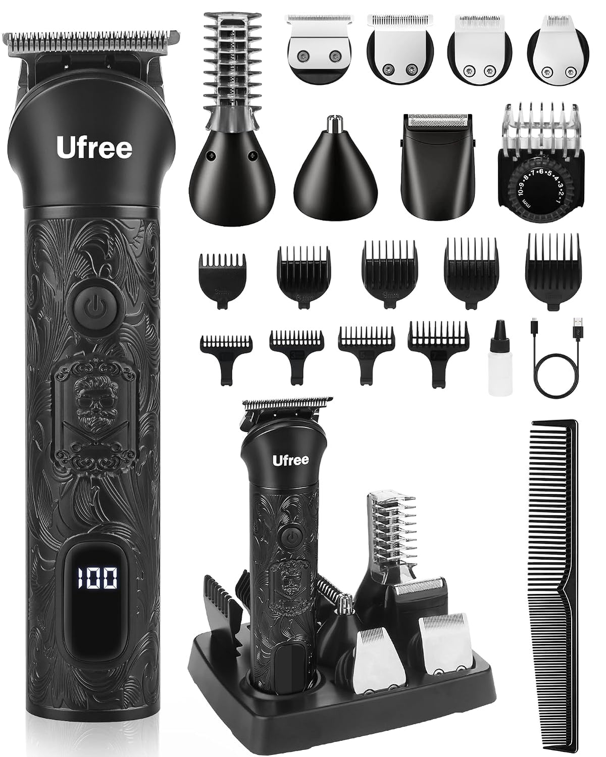 Recortadora de barba Ufree para hombre, afeitadora eléctrica, cortapelos inalámbrico, kit de cuidado de barba 7 en 1 para bigote, cuerpo, nariz y rostro, regalo para hombres.