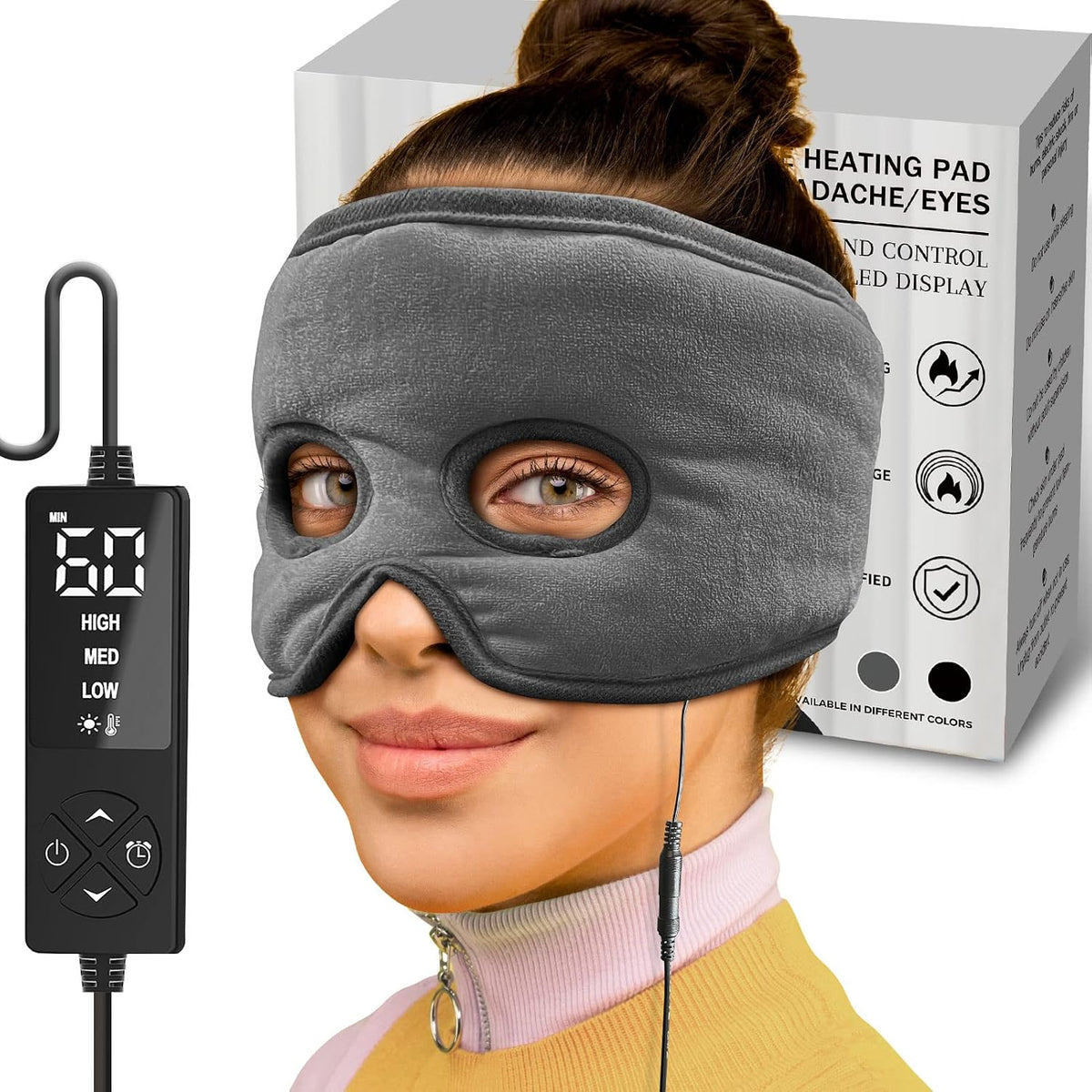 Mascarilla de calor húmedo sticro para alivio de la sinusitis con 3 ajustes de temperatura, mascarilla extragrande para el dolor de cabeza, almohadilla térmica eléctrica facial para alivio de la presión sinusal, migraña y dolor de cabeza tensional.