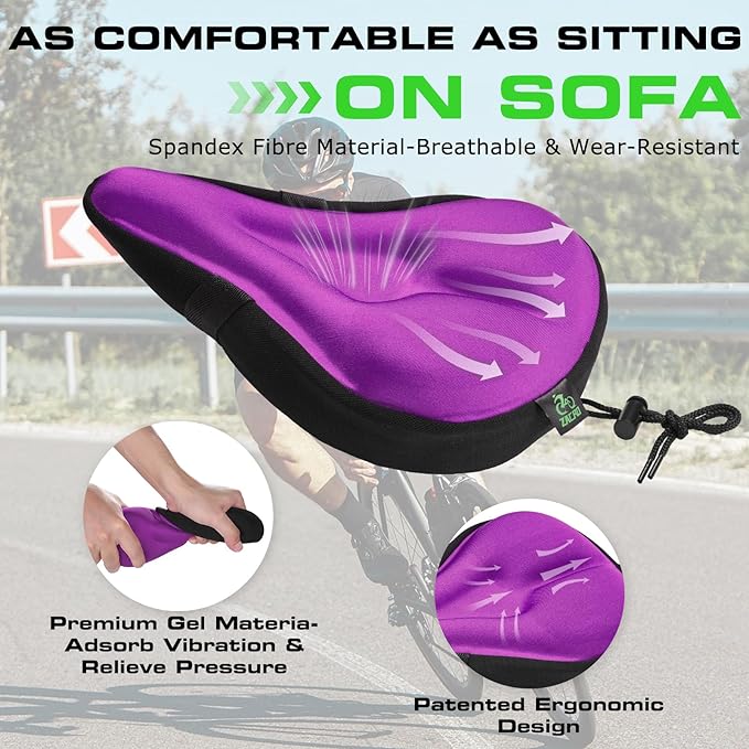 Zacro Cojín de asiento de bicicleta, funda acolchada de gel para asiento de bicicleta para hombres y mujeres, cómodo, asiento de bicicleta extrasuave compatible con sillines de bicicleta de pelotón