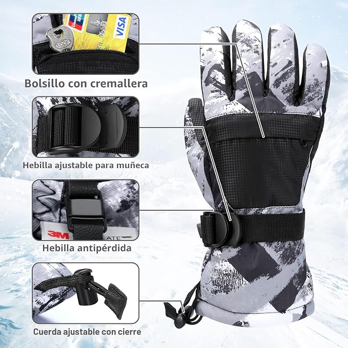 Guantes de esquí, guantes de nieve impermeables para invierno cálido clima frío guantes táctiles para padres e niños, esquí, snowboard