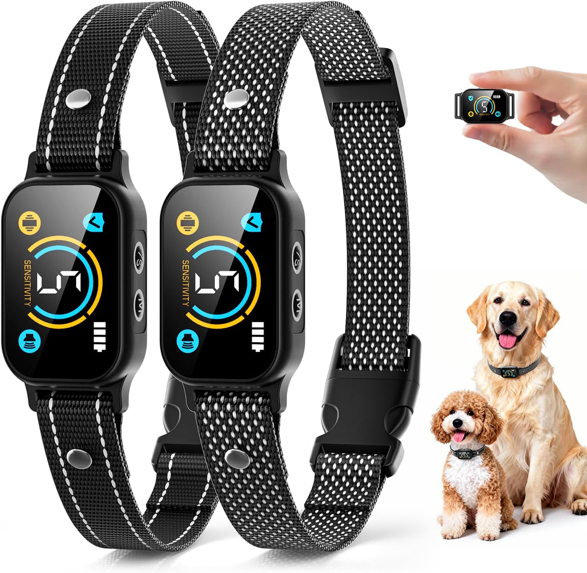 Paquete de 2 collares antiladridos, collar inteligente para perros grandes, medianos y pequeños, collar de entrenamiento recargable ultraligero con vibración y pitido, dispositivo antiladridos con 5 niveles de sensibilidad (negro).