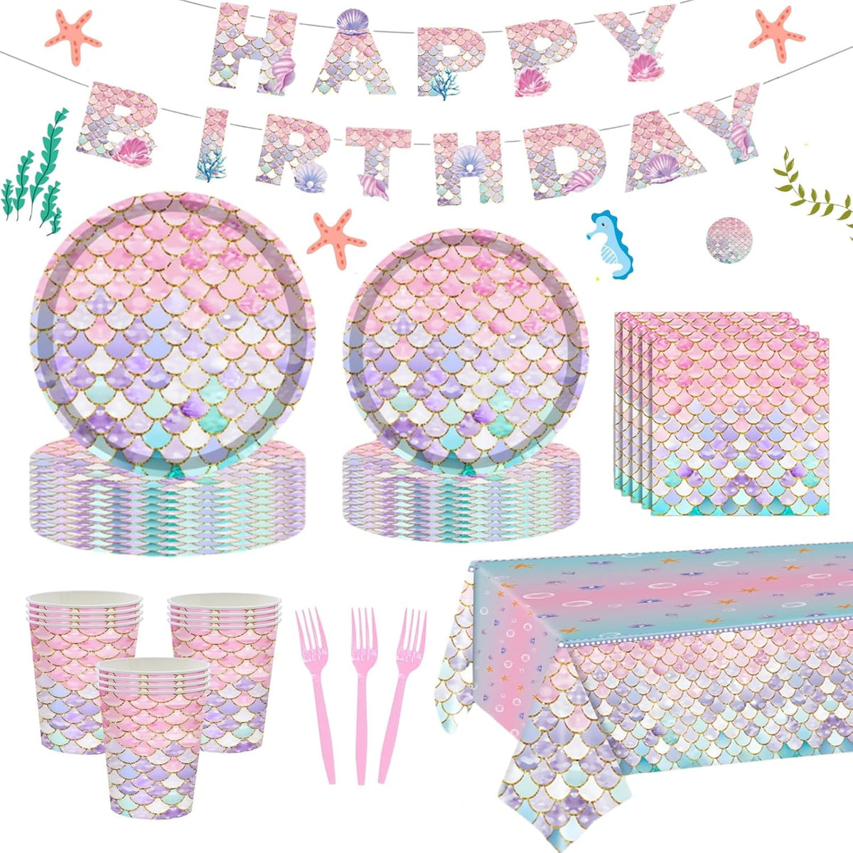 Kit Decoración Fiesta Sirenas 122 Piezas | Platos Servilletas Vasos Tenedores Mantel Pancarta | 24 Invitados | Temática Sirenita Bajo el Mar | Niñas | 1 Set