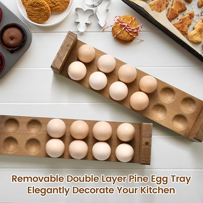 Bandeja de huevos de doble capa para encimera, cesta de almacenamiento apilable de madera para huevos, organizador de huevos de 2 niveles para refrigerador de cocina de granja
