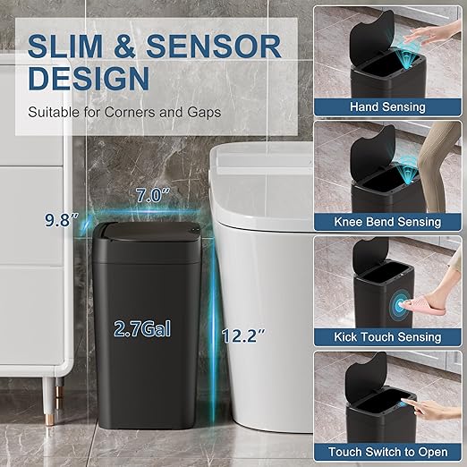 Papeleras Automáticas Vanpopubs 2Pack — Cubo de Basura Inteligente 2.7 Gal con Sensor de Movimiento, Tapa Automática y Sin Contacto, Negro