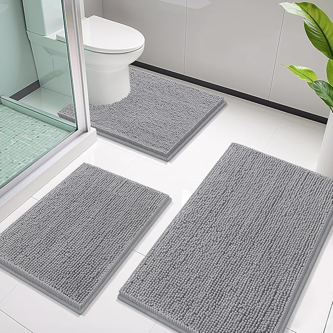 Smiry — Set 3 Alfombras de Baño Chenille Suaves y Absorbentes con Contorno en U Lavables a Máquina Color Gris