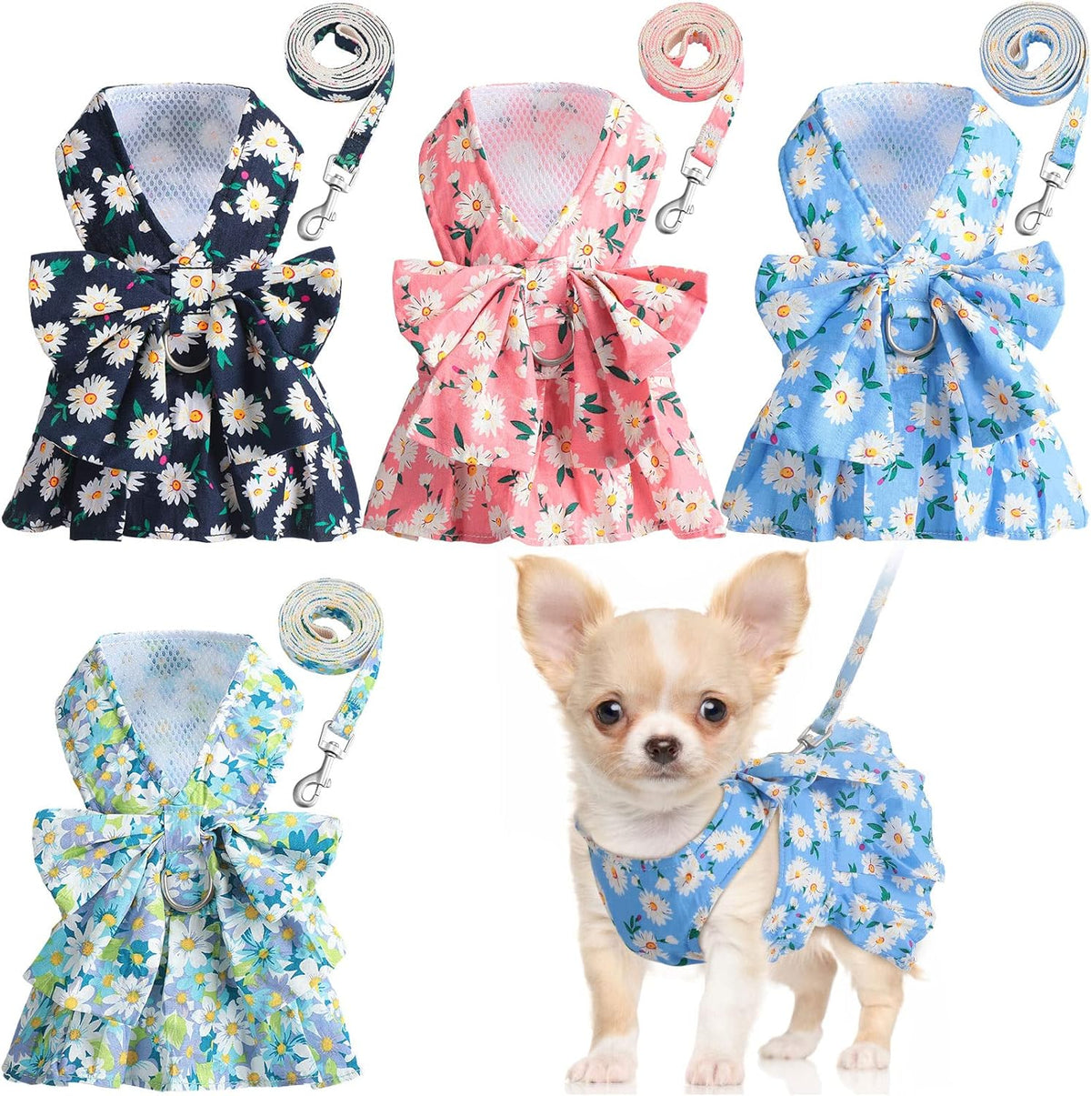 Conjunto de arnés y vestido para perro Sanwuta de 4 unidades con lazo y correa, estilo princesa floral. Arnés, vestido y chaleco para perros con correa, ropa para mascotas para paseos al aire libre, 4 colores (pequeño).