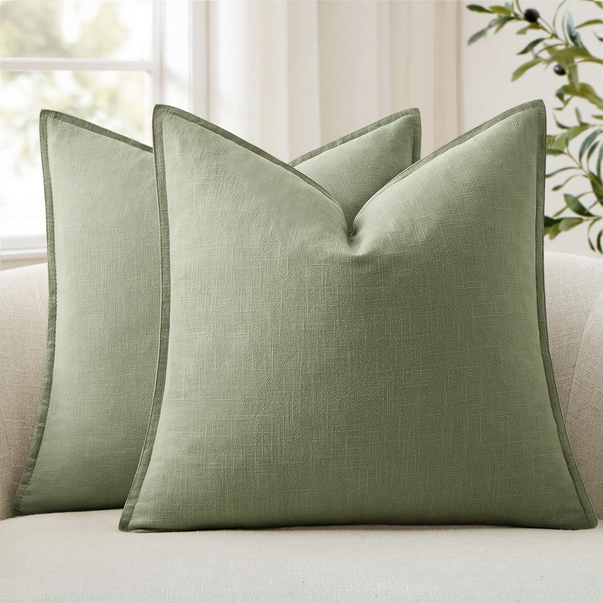 ANRODUO Paquete de 2 fundas de almohada decorativas de lino color verde salvia, funda de almohada europea, estilo rústico bohemio neutro, funda de cojín suave para sofá, dormitorio, sala de estar, decoración de verano para el hogar (22 x 22 pulgadas)