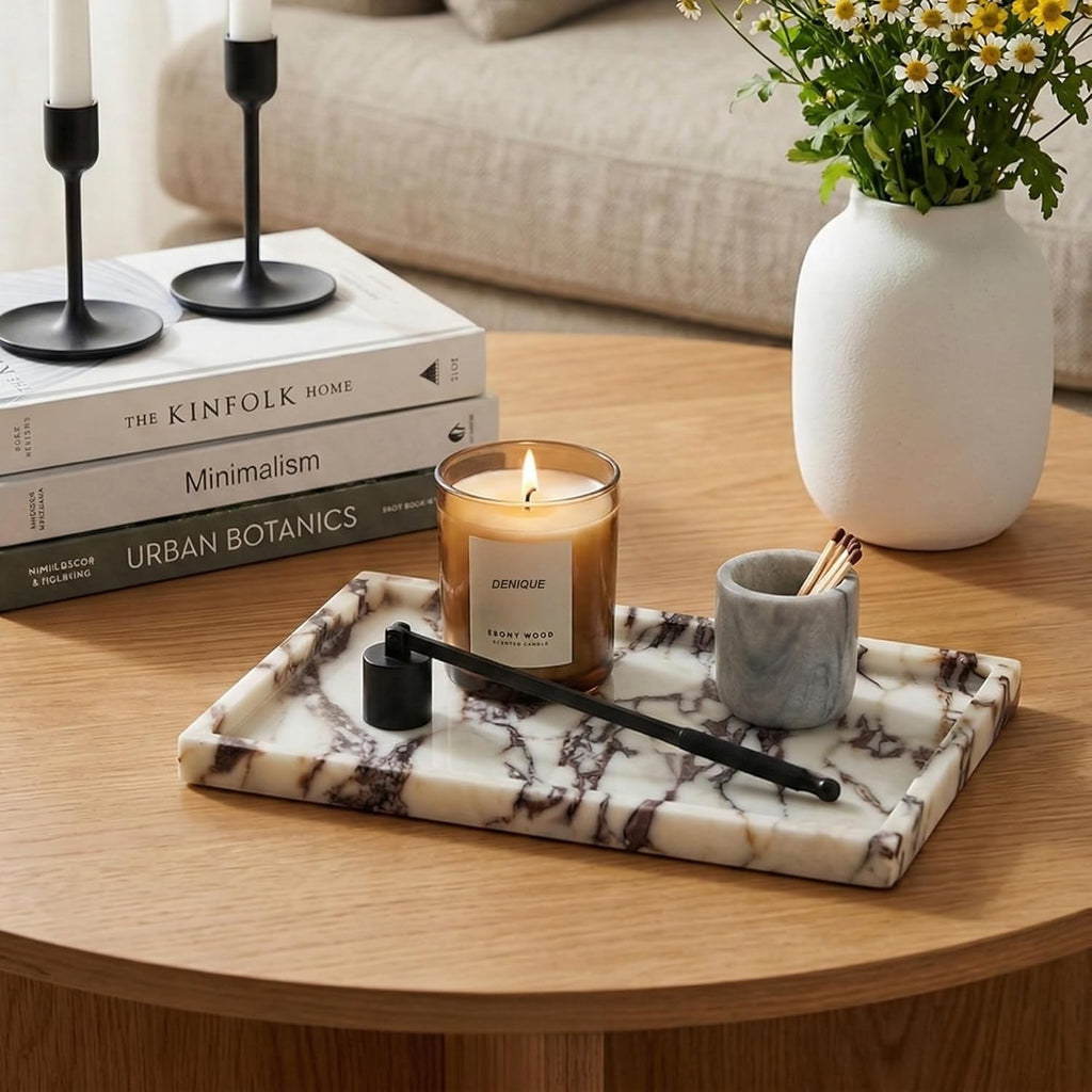 Denique Natural Marble Vanity Tray for Bathroom Countertop, Stone Storage Tray for Home Decor, 12"x8" Genuine Calacatta Viola Marble Perfume Jewelry Organizer for Kitchen Dresser