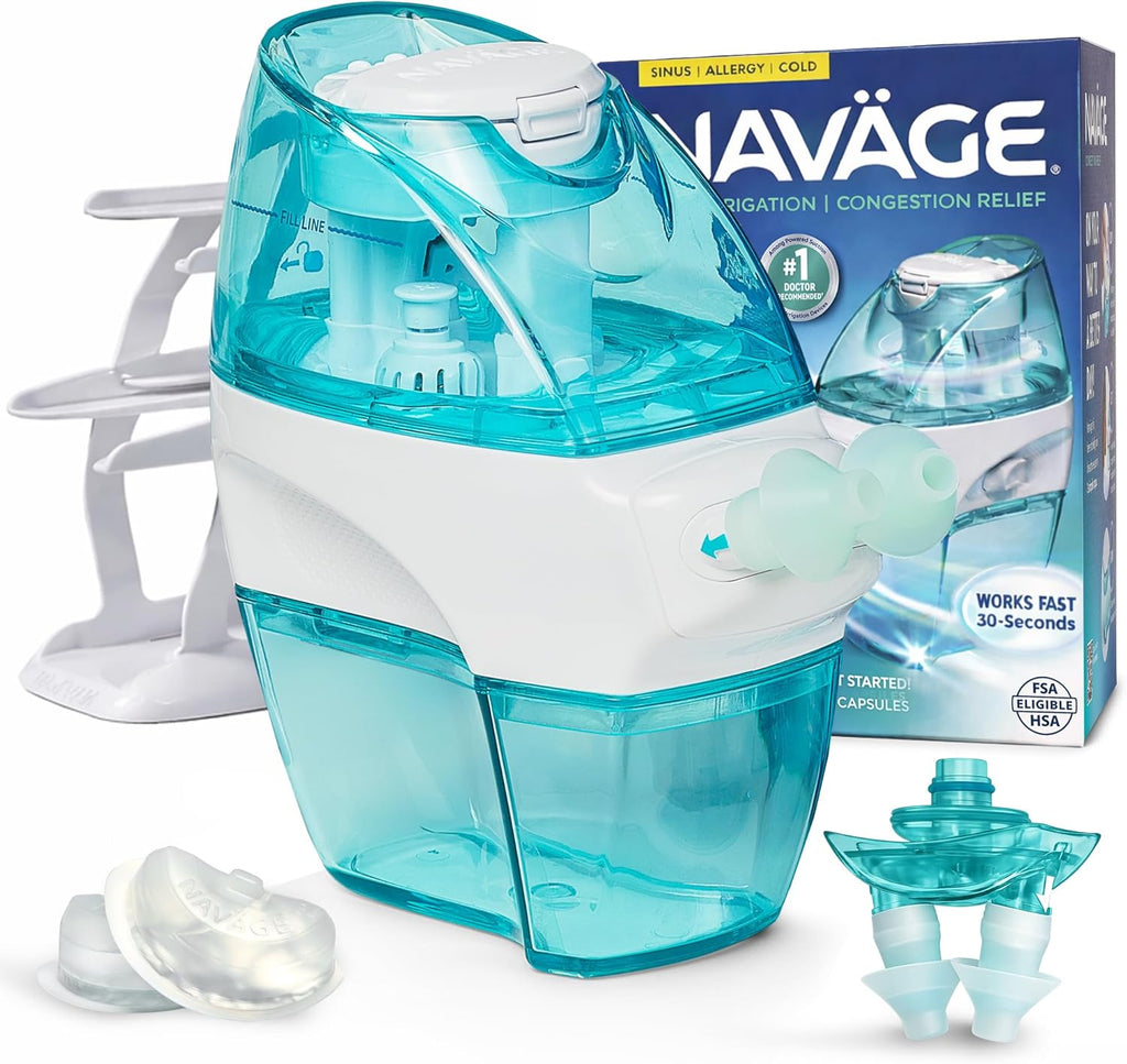 Sistema Premium de Irrigación Nasal Navage, Enjuague Nasal Alivio Congestión, Limpiador Senos 30 Segundos con 90 Cápsulas Sal, 2 Bases Nasales, 4 Almohadas y Pilas, Sistema Irrigación Motorizado