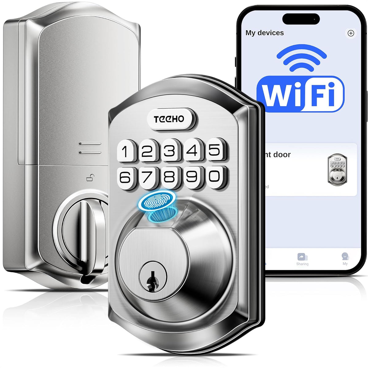 Cerradura Inteligente TEEHO TE012W WiFi | Huella Digital | Teclado sin Llave | Control por App | Alexa | IP55 | Niquel Satinado