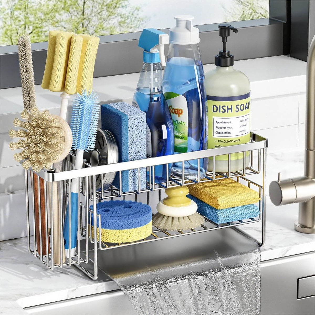 Organizador de fregadero de cocina Cisily Silver de 2 niveles con soporte flexible para cepillo de platos y soporte para esponja para la encimera del fregadero, decoración del hogar, acero inoxidable
