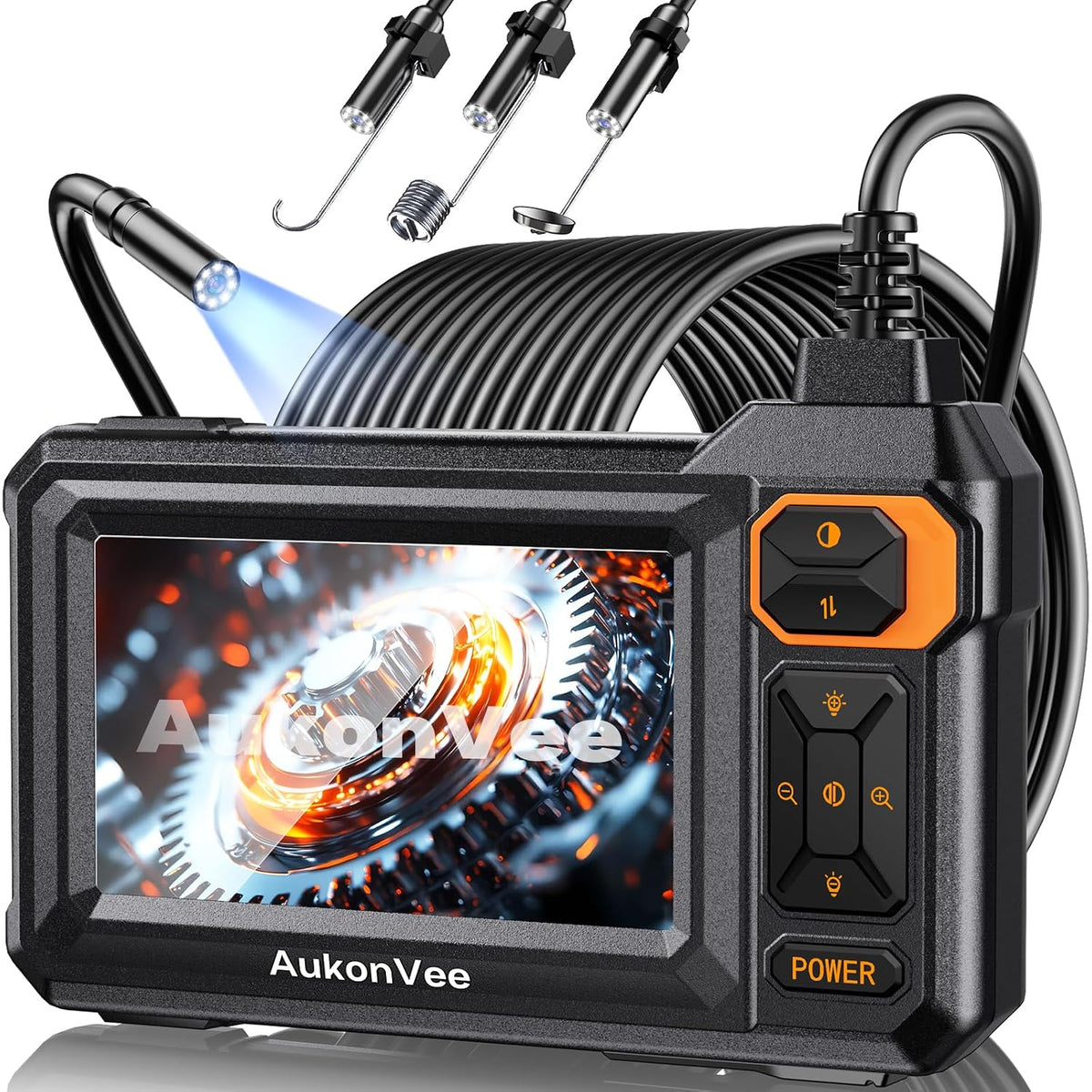 Cámara endoscópica con luz, cámara de inspección de boroscopio HD 1920P con pantalla IPS de 4.3", AukonVee IP67 resistente al agua con 8 LED y cámara serpiente semirrígida de 16.5 pies para herramientas de tuberías automotrices y dispositivos para hombres