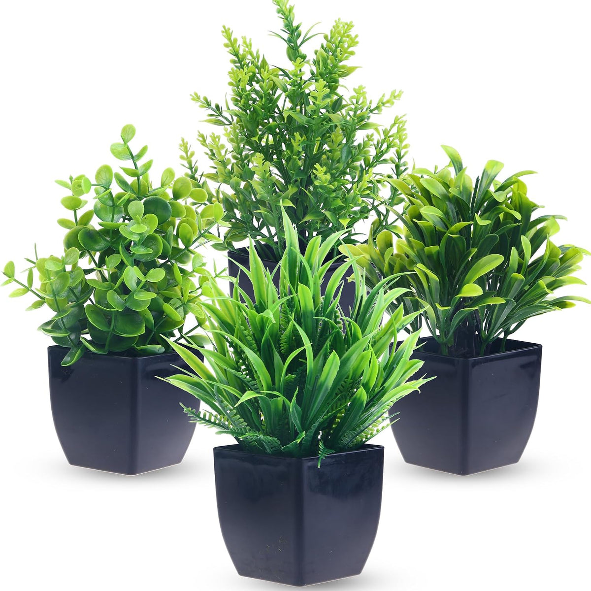 Greentime Juego de 4 mini plantas artificiales en maceta negra, pequeña planta artificial en maceta para interior, hogar, oficina, granja, baño, decoración de mesa