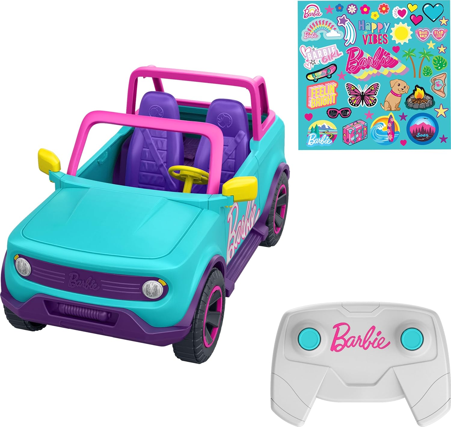 SUV teledirigido Barbie de Hot Wheels y pegatinas. Puede albergar y guardar 2 muñecas Barbie y accesorios. Pegatinas para personalizar. 