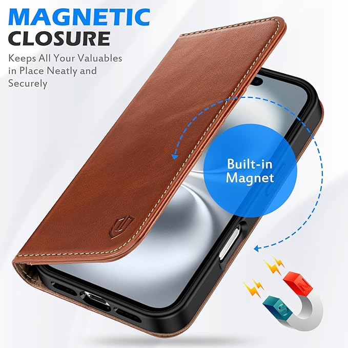 SHIELDON Funda para iPhone 16 Plus 5G, cartera de piel auténtica, plegable, magnética, con bloqueo RFID, soporte para tarjetas, función atril, protección contra caídas, compatible con iPhone 16 Plus de 6.7 pulgadas, color marrón retro