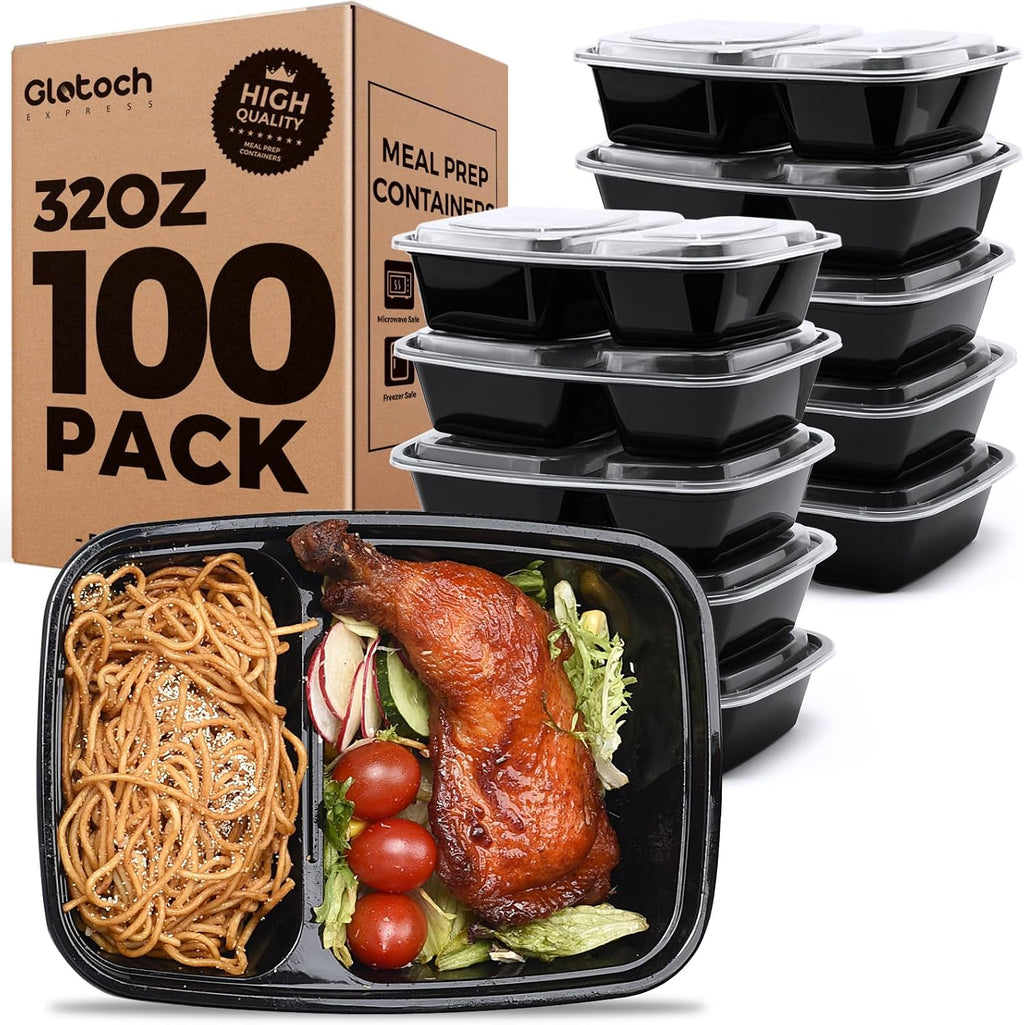 Paquete 100 Contenedores Blanco y Negro para Preparación de Comida – 2 Compartimentos 950ml | Herméticos, Sin BPA | Apto Microondas, Congelador y Lavaplatos