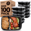 Paquete 100 Contenedores Blanco y Negro para Preparación de Comida – 2 Compartimentos 950ml | Herméticos, Sin BPA | Apto Microondas, Congelador y Lavaplatos