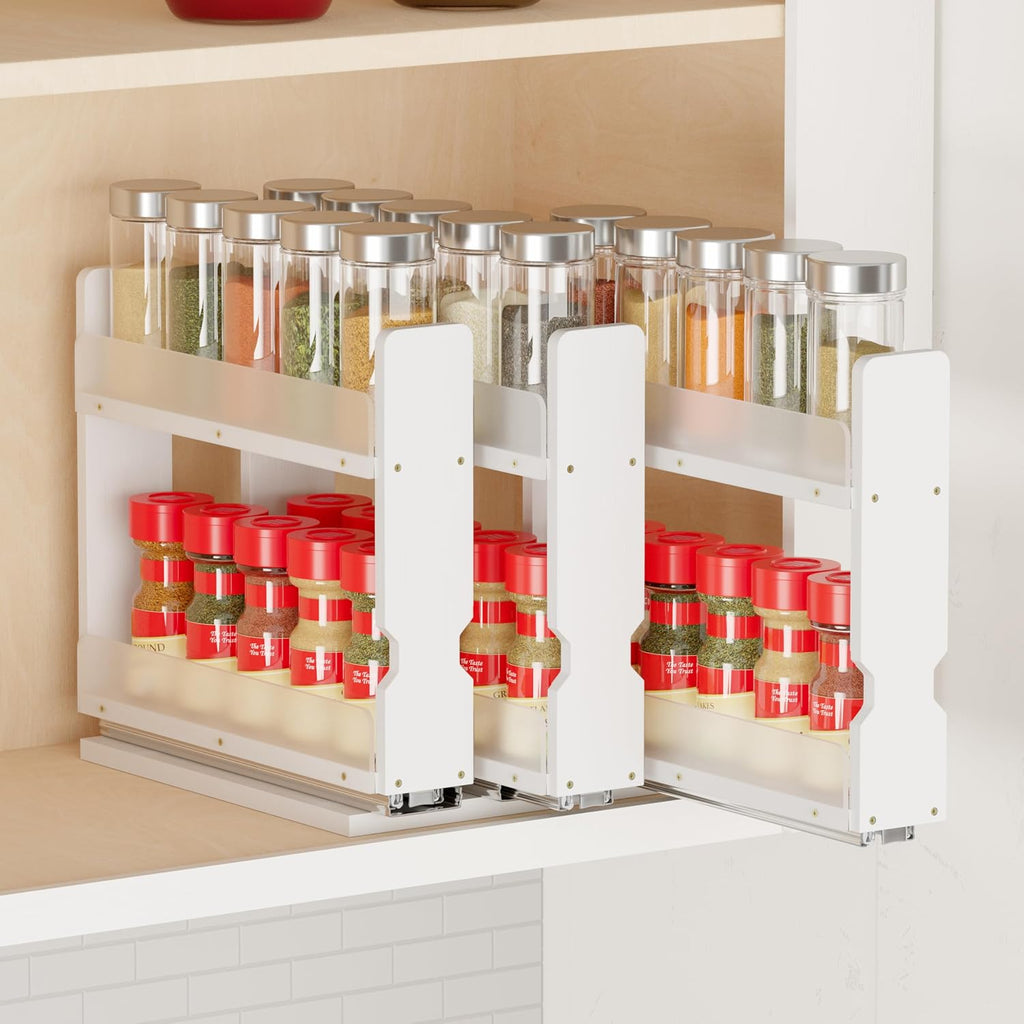 Organizador de especias extraíble de bambú SpaceAid para armario, organizador vertical deslizante resistente para condimentos y despensa de cocina, 19,3 cm de ancho, 3 cajones (5 cm de ancho), 2 niveles, blanco
