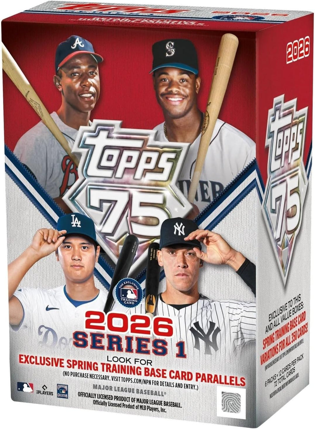 Caja Blaster de paquetes de la Serie 1 de Topps Baseball 2026 con posibles paralelas holográficas exclusivas para venta minorista y tarjetas de variación de entrenamiento de primavera exclusivas de Blaster.