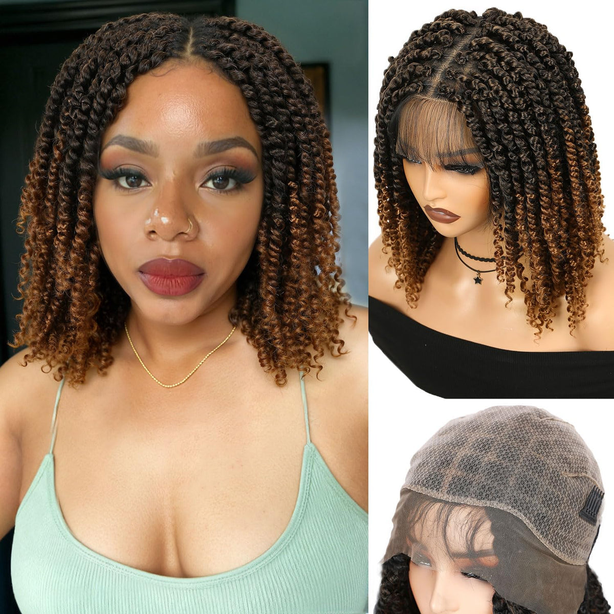 Peluca Trenza Pasión Fancy Hair Encaje Completo Doble Sin Nudo Ligera Corta Cabello Bebé Ombre Marrón para Mujer Negra