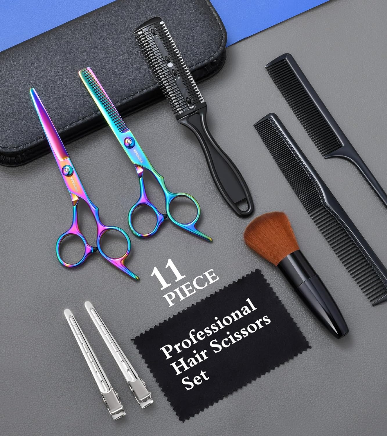 Kit de tijeras de corte de cabello, 9 piezas de tijeras profesionales de corte de pelo con peine, clips, nueva artesanía, juego de tijeras de adelgazamiento de peluquería de acero inoxidable