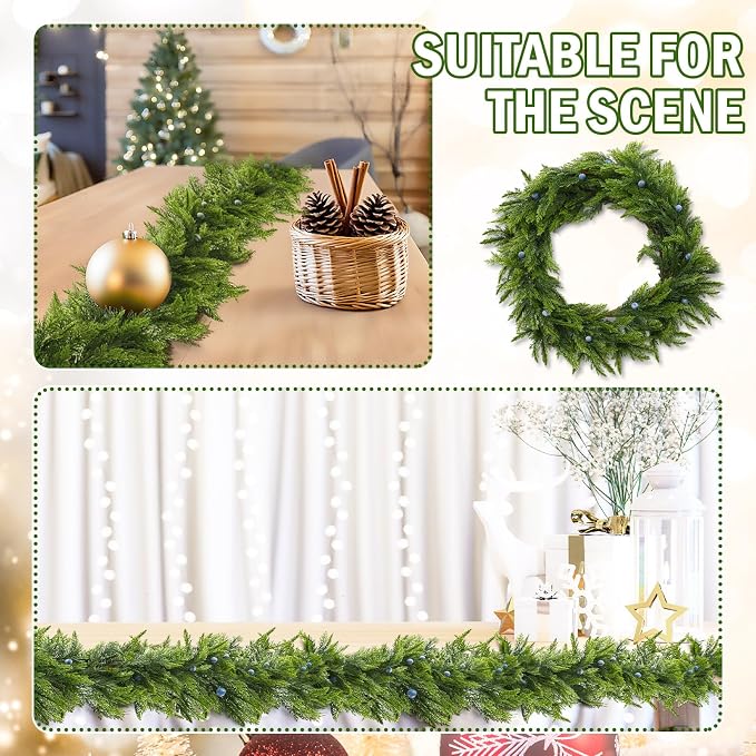 Dingion Guirnalda de enebro de Navidad de 6 pies, guirnalda artificial de pino de tacto real con arándanos realistas, decoraciones de Navidad para repisa, chimenea, mesa, centro de mesa