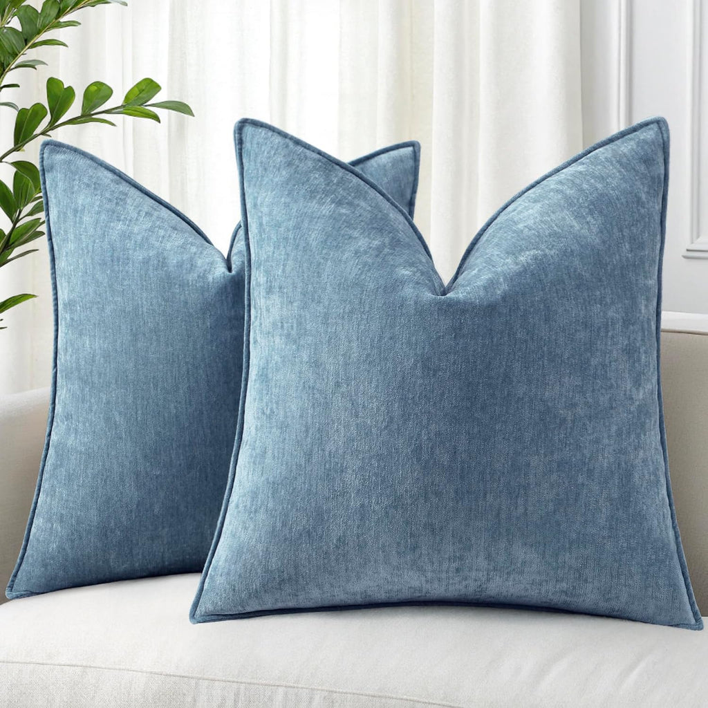 decorUhome Fundas de cojín decorativas de verano para sofá, 20x20 cm, juego de 2, fundas de almohada de chenilla modernas y acogedoras de terciopelo suave con diseño elegante para sofá cama, sala de estar y decoración del hogar, azul grisáceo