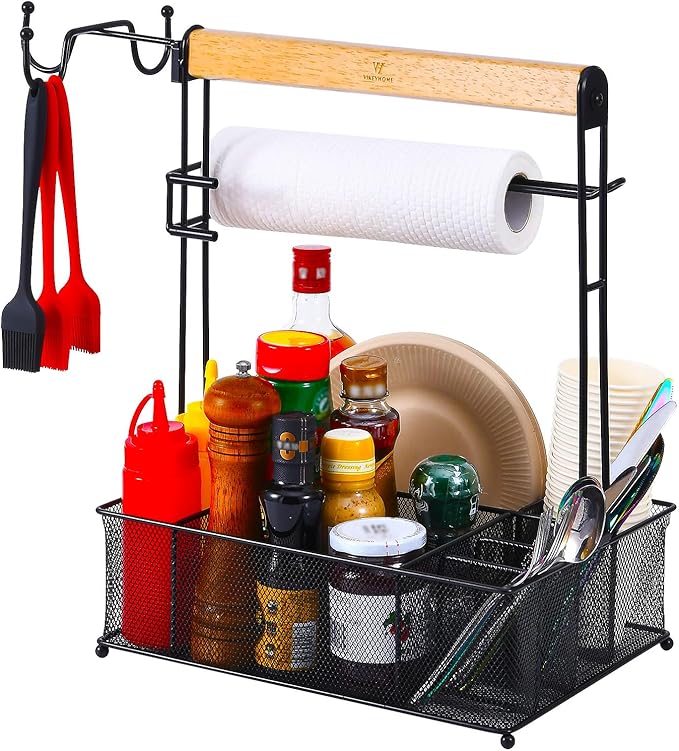 VIKEYHOME Grill Caddy, organizador de picnic y barbacoa para camping y exteriores, cesta de malla con 3 ganchos para colgar