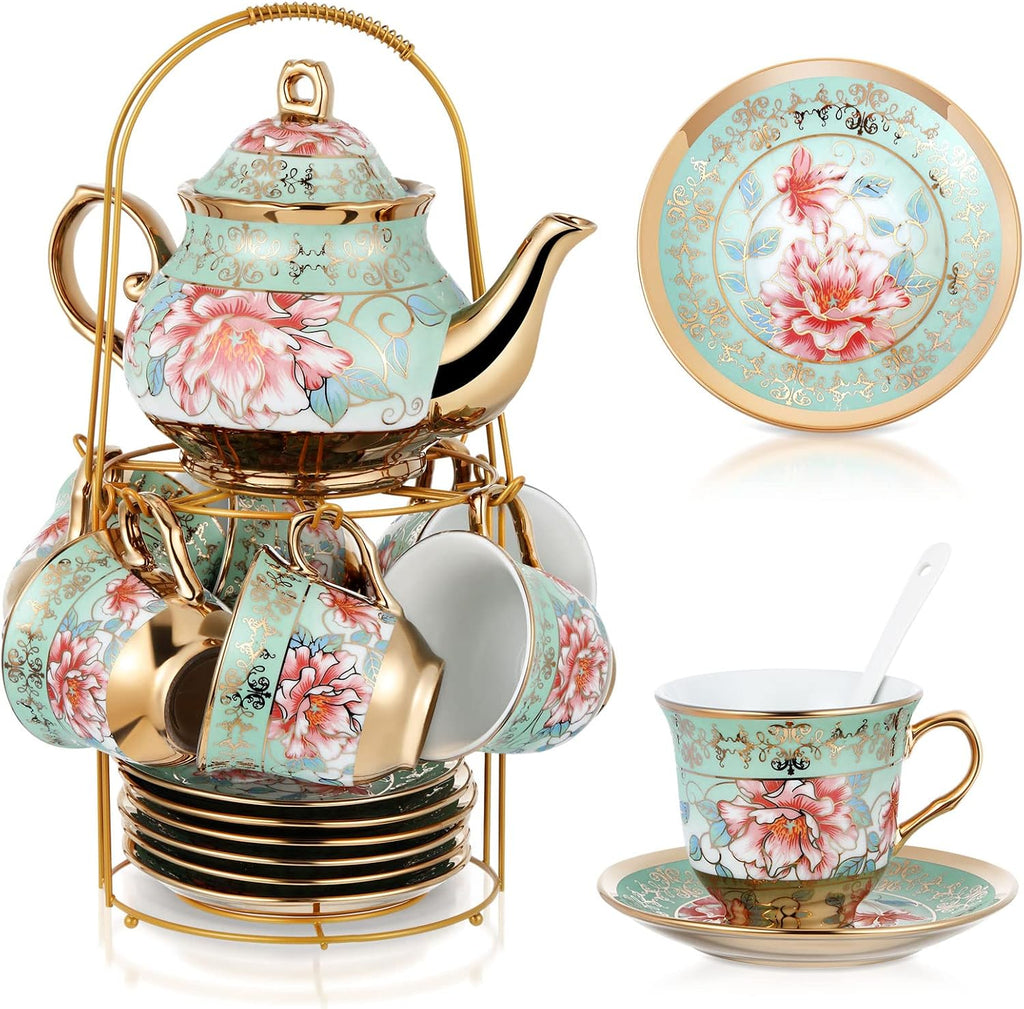 Juego de té de porcelana Zhehao con soporte de metal y cuchara. Juego de té de cerámica para adultos con diseño floral europeo. Incluye tetera, taza, platillo y cuchara. Regalo ideal para mujeres y madres. Versión grande (estilo fresco, 20 piezas).
