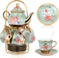 Juego de té de porcelana Zhehao con soporte de metal y cuchara. Juego de té de cerámica para adultos con diseño floral europeo. Incluye tetera, taza, platillo y cuchara. Regalo ideal para mujeres y madres. Versión grande (estilo fresco, 20 piezas).
