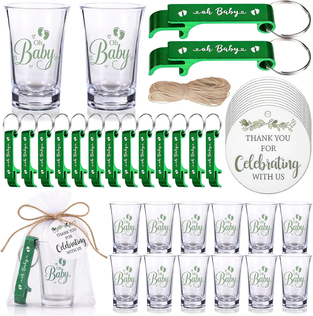 MEPIG 50 Set de Recuerdos para Baby Shower para 50 Invitados, Vasos de Chupito Oh Baby con Llaveros Abrebotellas, Etiquetas de Agradecimiento Florales y Bolsas para Fiesta de Revelación de Género, Premios para Juegos de Baby Shower