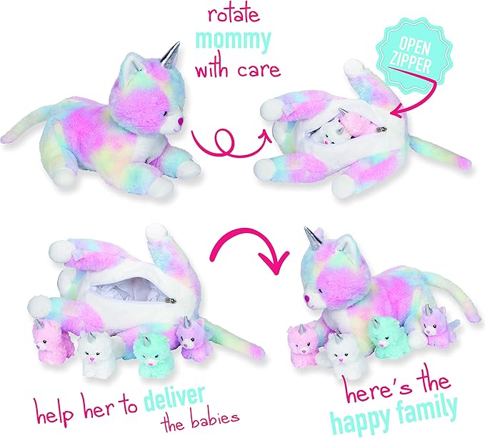 NOTA: No incluye bolso arcoíris | Peluche Gato Unicornio PixieCrush | Mamá con Gatitos | Niñas 3-8 Años
