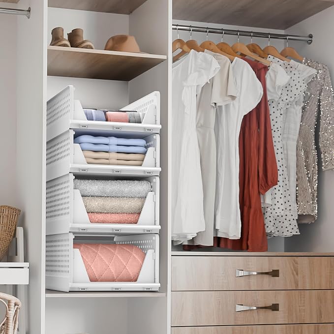 Set 5 Cestas Organizadoras Apilables y Plegables para Clóset, Baño y Lavandería – Ahorra Espacio en Armario y Gavetas