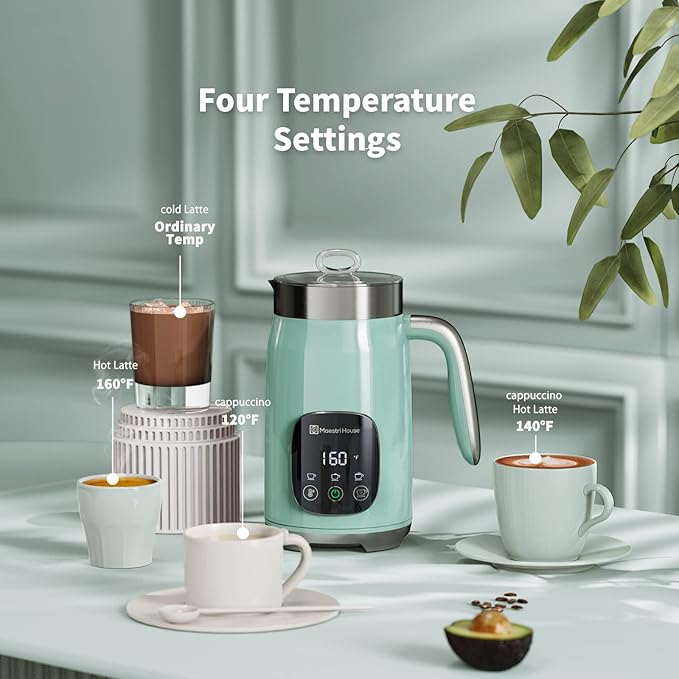 Espumador de leche Maestri House, espumador y vaporizador de leche con temperatura y grosor de espuma variables, 400 ml (14.1 oz), control táctil inteligente, función de memoria para latte, leche caliente y chocolate caliente.
