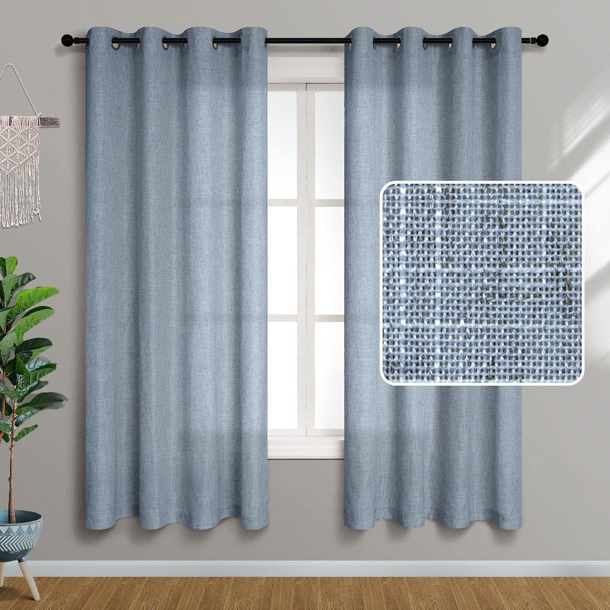 Cortinas de 72 pulgadas de largo, color gris empolvado y azul campestre, para sala de estar, juego de 2 paneles, cortinas de lino transparentes semiopacas para dormitorio.