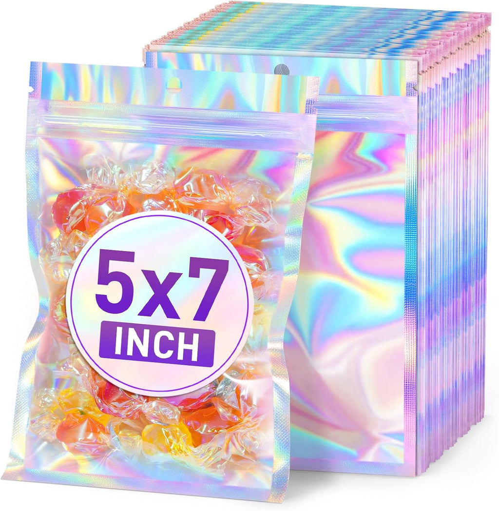 Bolsas Holográficas ANZNKU Pack x50 — 5"x7" Resellables, Colores Arcoíris, Para Empaque de Negocio, Dulces y Joyería