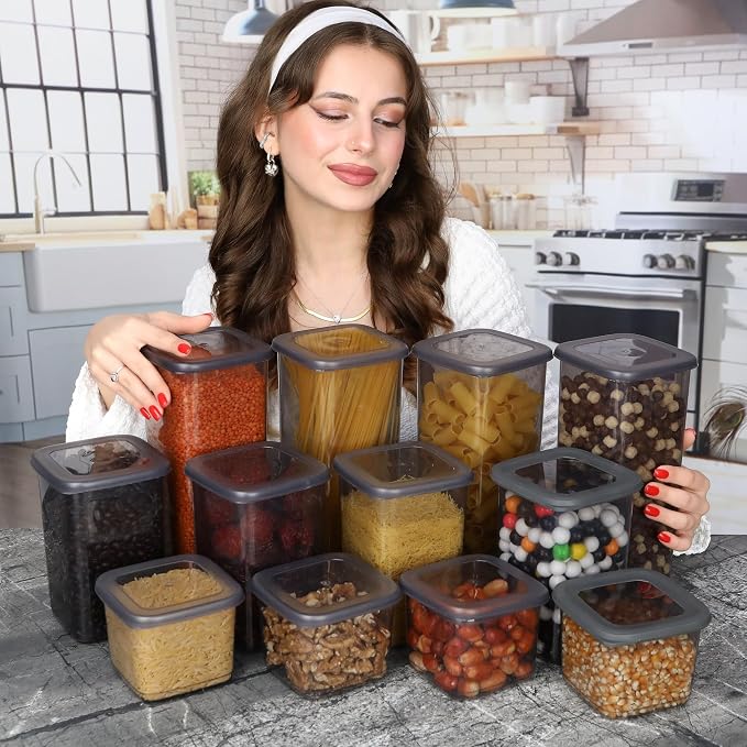 T&D HOME GOODS Tarros de almacenamiento con tapa, herméticos, juego de 12 recipientes de almacenamiento, sin BPA, contenedor de almacenamiento para cereales, harina, cocina, práctico organizador de cocina, (12, 3 cuadrados de tamaño diferente)